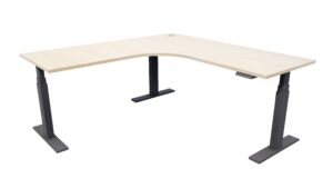 Electric Standing Corner Desk White Frame Seasoned Oak